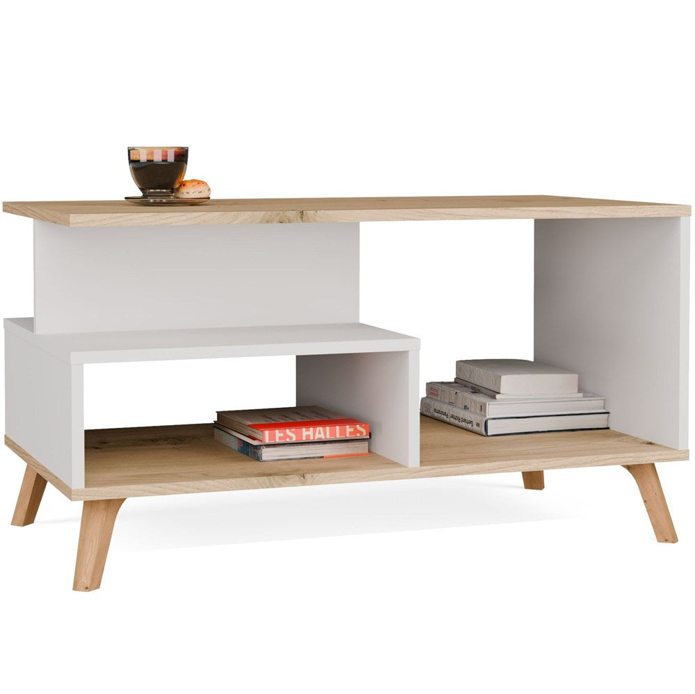 Table basse OLYMPO 1P — Blanc / Chêne Artisan, 2 étagères, 90x48x49 cm
