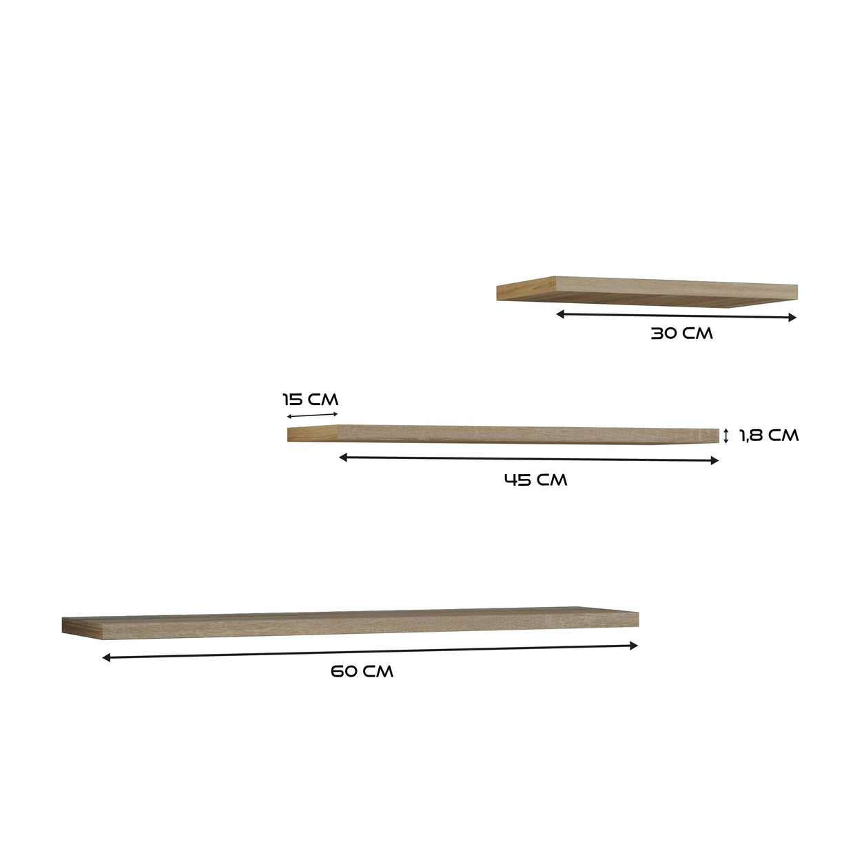 KOMPLET 3 x PÓŁKA WISZĄCA TOBI 3P DĄB SONOMA