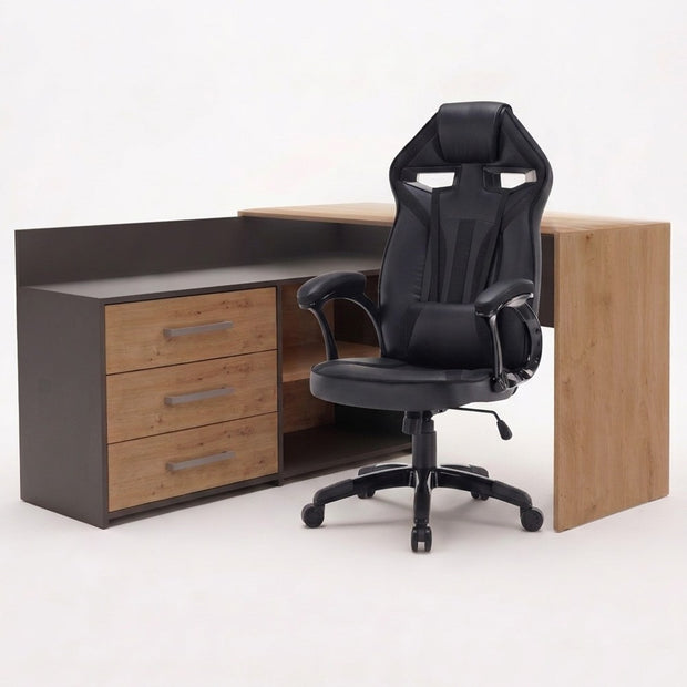 Zestaw Biurko DANY Narożne ANTRACYT / DĄB ARTISAN + Fotel DRIFT CZARNY