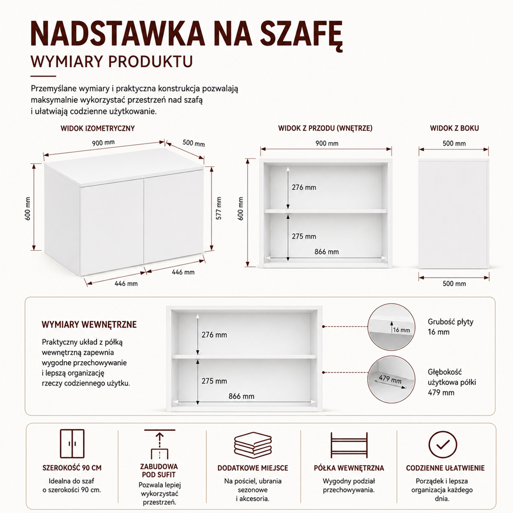 Szafa Malwa SS-90 z Nadstawką BIAŁA Do Garderoby Pokoju