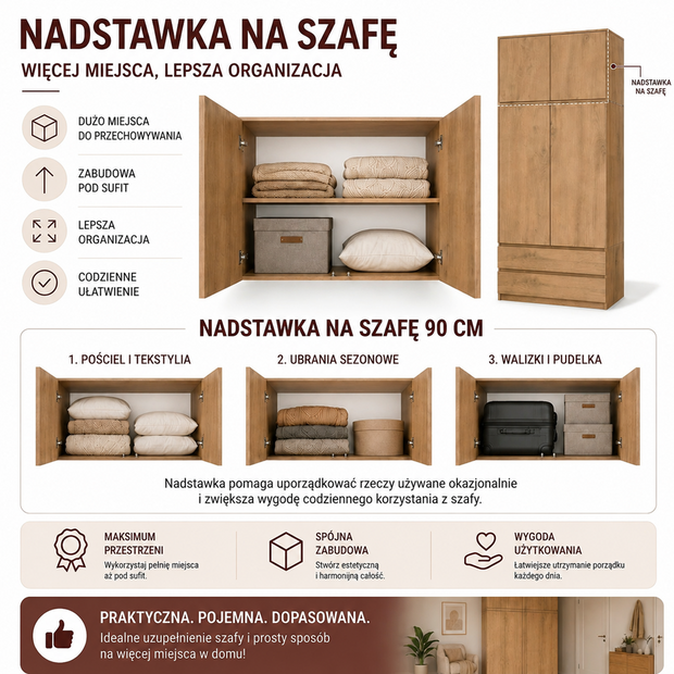 Nadstawka Na Szafę SD-90 DĄB ARTISAN Półka 90 cm Do Garderoby Pokoju