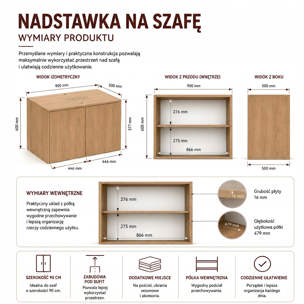 Nadstawka Na Szafę SD-90 DĄB ARTISAN Półka 90 cm Do Garderoby Pokoju