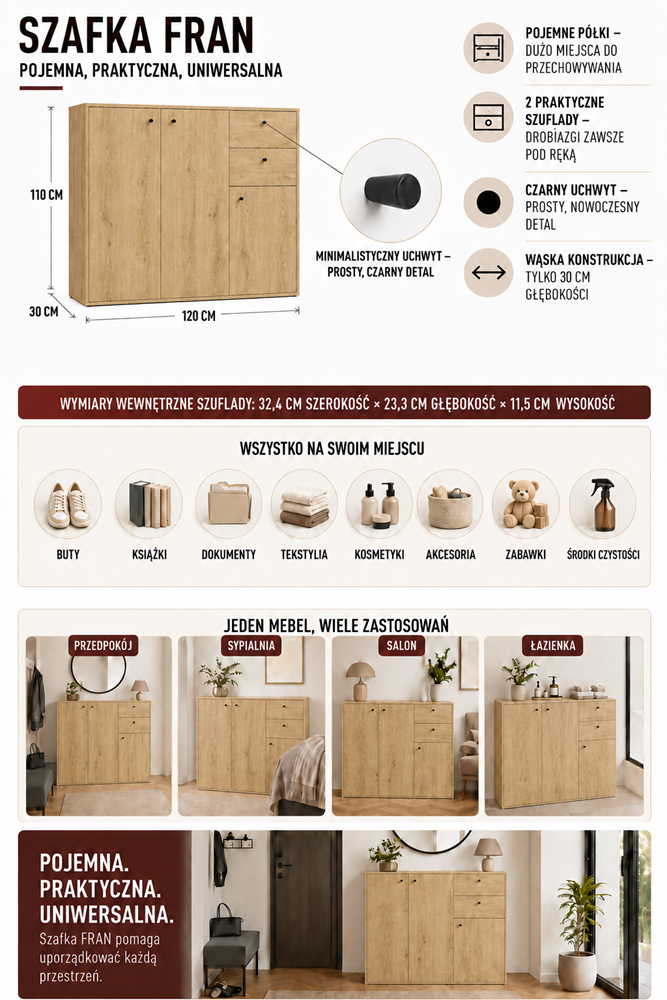 KOMODA FRAN DĄB ARTISAN 120 Cm 3 Drzwi 2 Szuflady 30 Cm Do Salonu Sypialni