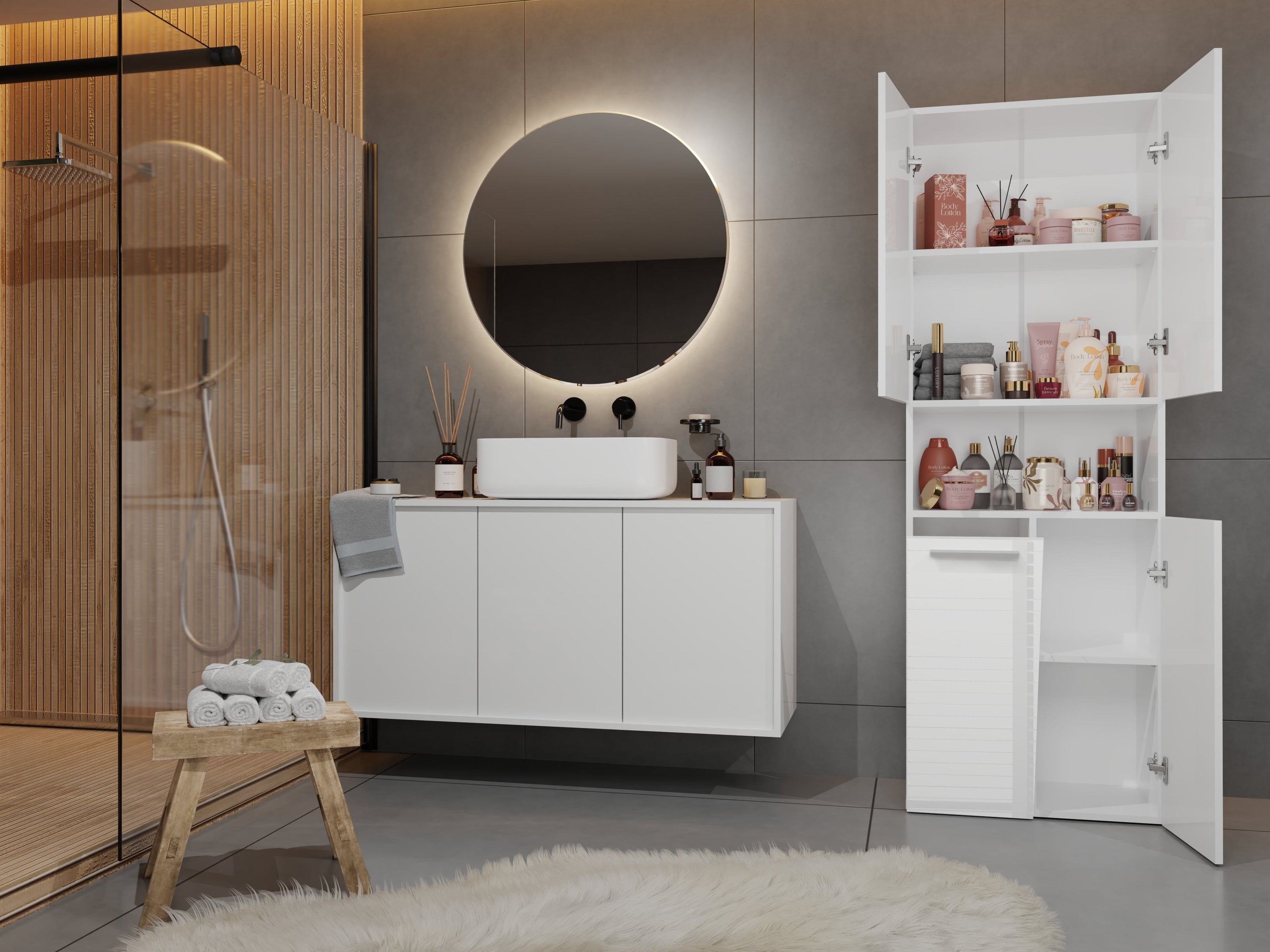 SZAFKA ŁAZIENKOWA SŁUPEK NEL DK 1K KOSZ BIEL POŁYSK