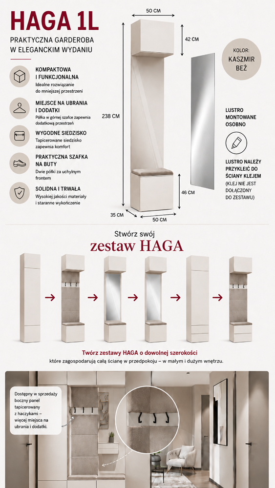 Garderoba HAGA 1L Szafka Do Przedpokoju Korytarza KASZMIR BEŻ 238x50x35 cm