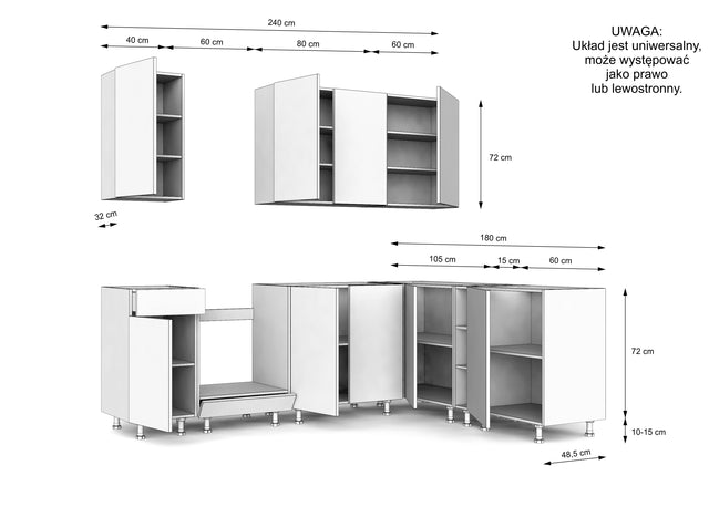 KUCHNIA VARIO 240X180CM BIAŁY AKRYL POŁYSK/BIAŁY AKRYL POŁYSK C10/BLAT EVOKE BEZ AGD