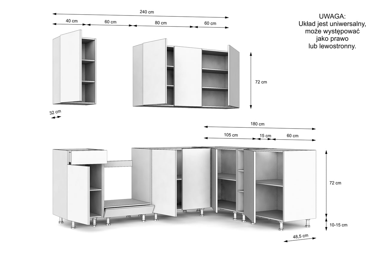 KUCHNIA VARIO 240X180CM RYFLOWANY ARTISAN/BIAŁY AKRYL POŁYSK C10/BLAT DISTRICT BEZ AGD