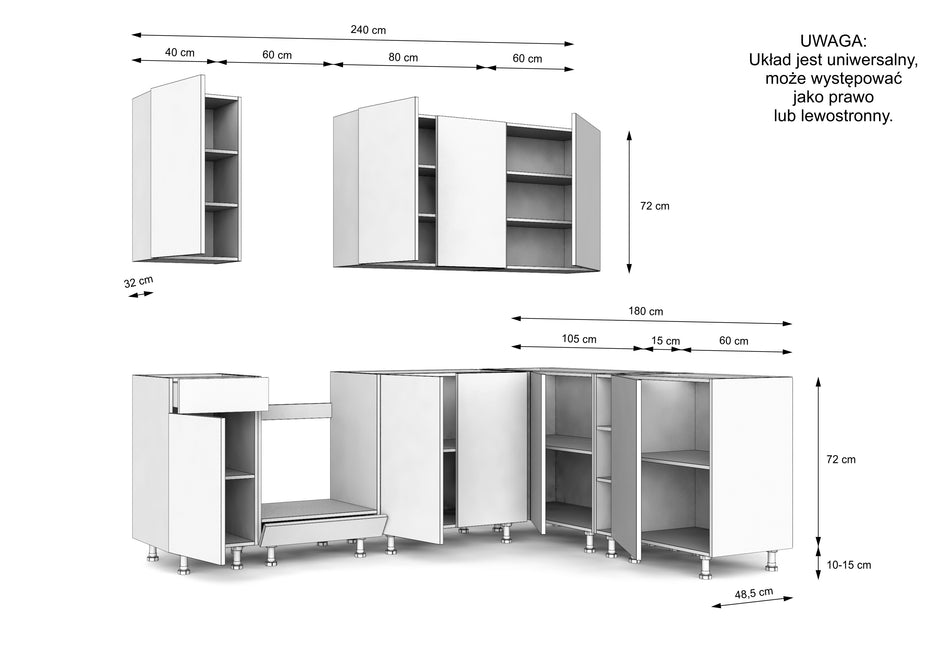 KUCHNIA VARIO 240X180CM RYFLOWANY ARTISAN/BIAŁY AKRYL POŁYSK C10/BLAT DISTRICT BEZ AGD