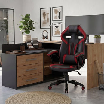 Zestaw BIURKO DANY Narożne ANTRACYT / DĄB ARTISAN + Fotel DRIFT CZERWONY