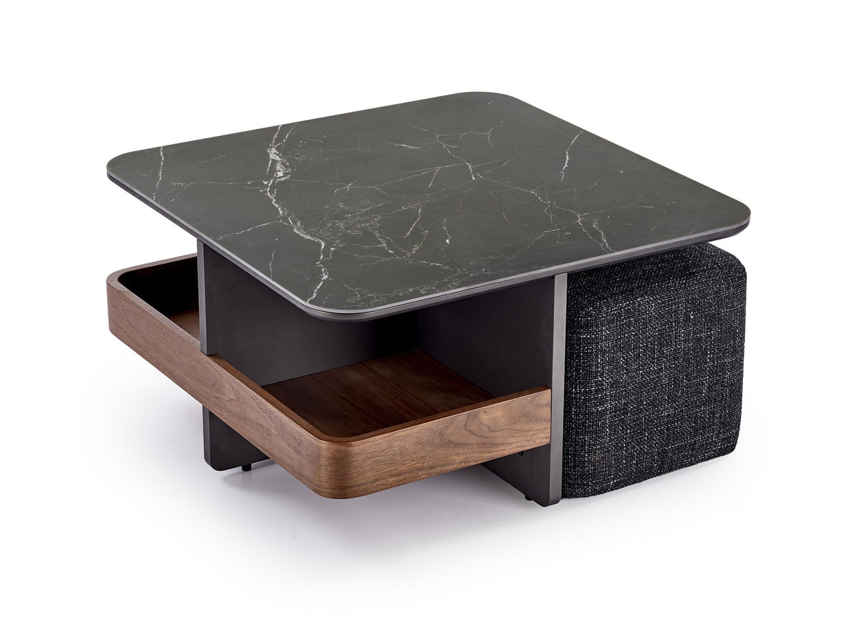 Table basse VICKER avec poufs - Marbre noir / Noyer / Popiel foncé