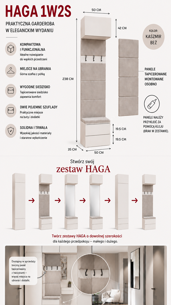 Garderoba HAGA 1W2S Wieszak 2 Szuflady Do Korytarza KASZMIR BEŻ 238x50x35