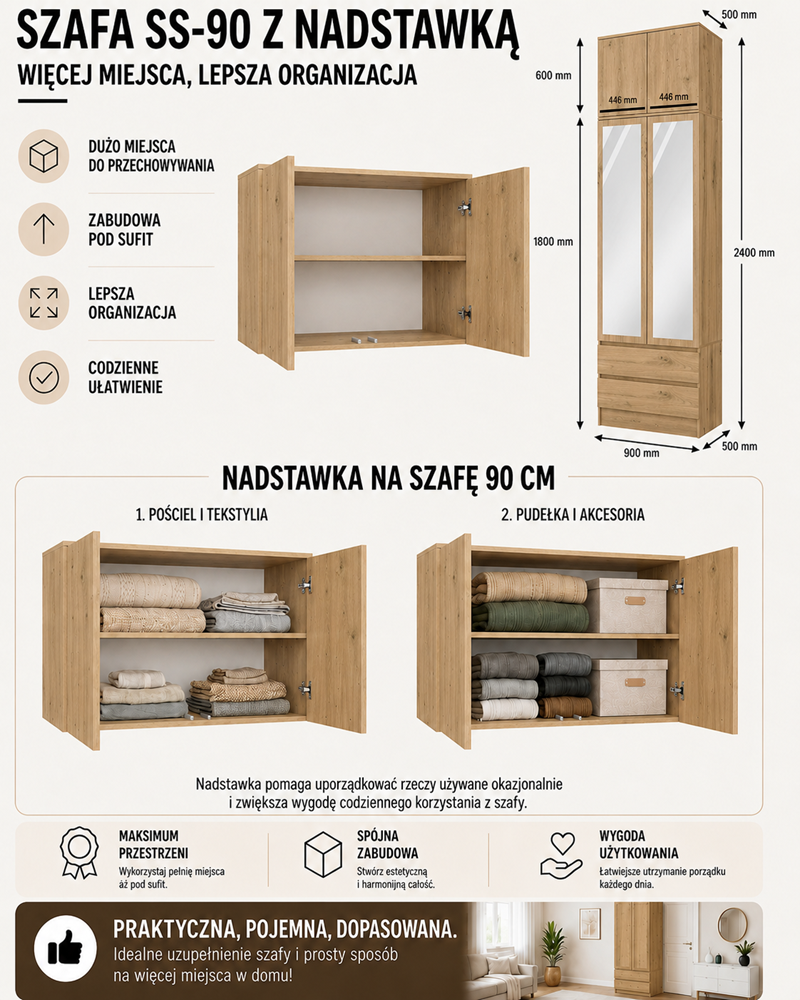 SZAFA Malwa SS-90 Z Lustrem z Nadstawką DĄB ARTISAN 2 Drzwi 2 Szuflady