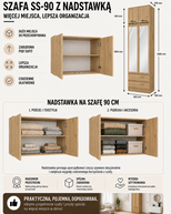 SZAFA Malwa SS-90 Z Lustrem z Nadstawką DĄB ARTISAN 2 Drzwi 2 Szuflady