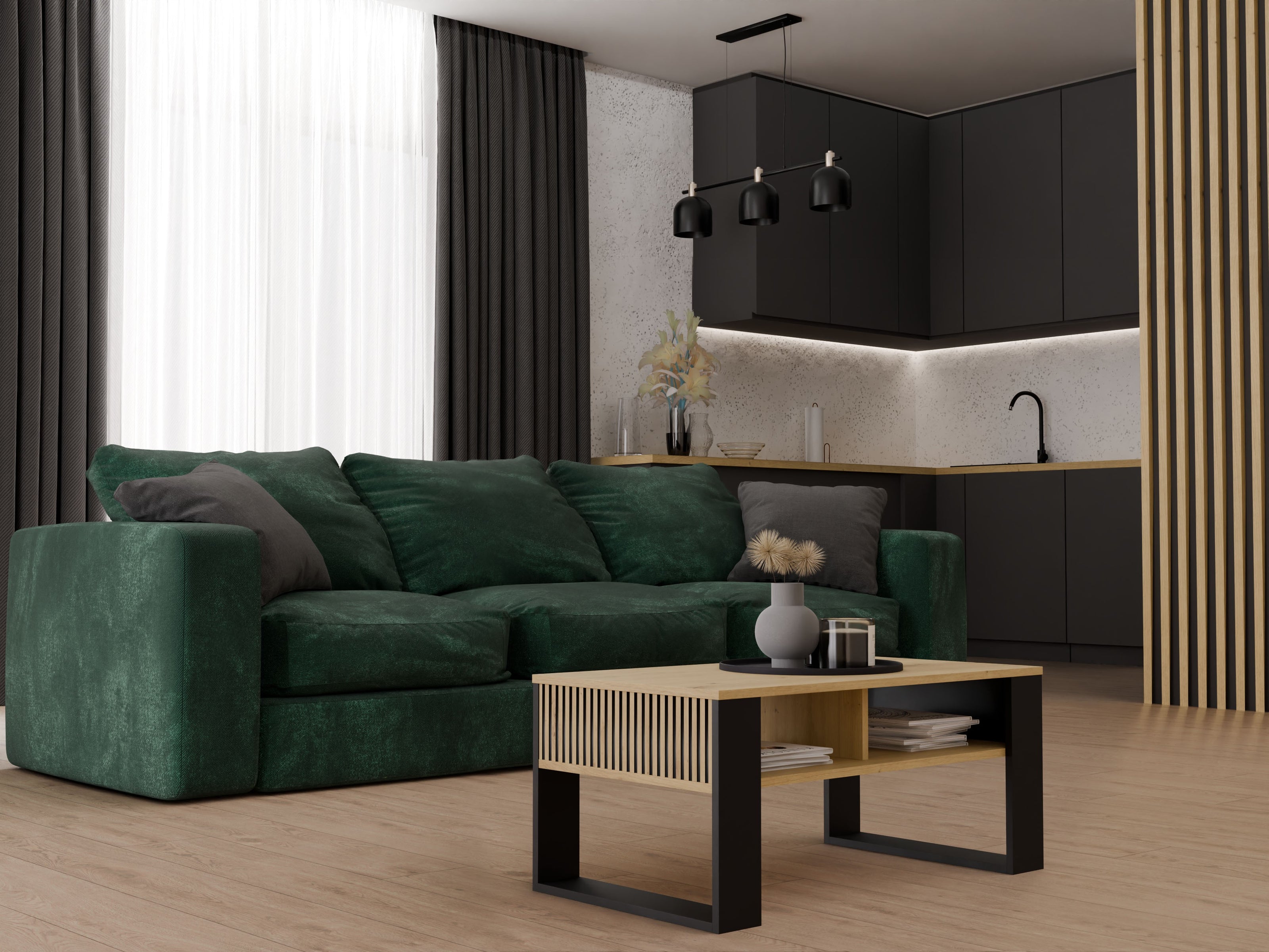 STOLIK KAWOWY ŁAWA MODERN 2P SLIM DĄB ARTISAN CZERŃ LAMELE