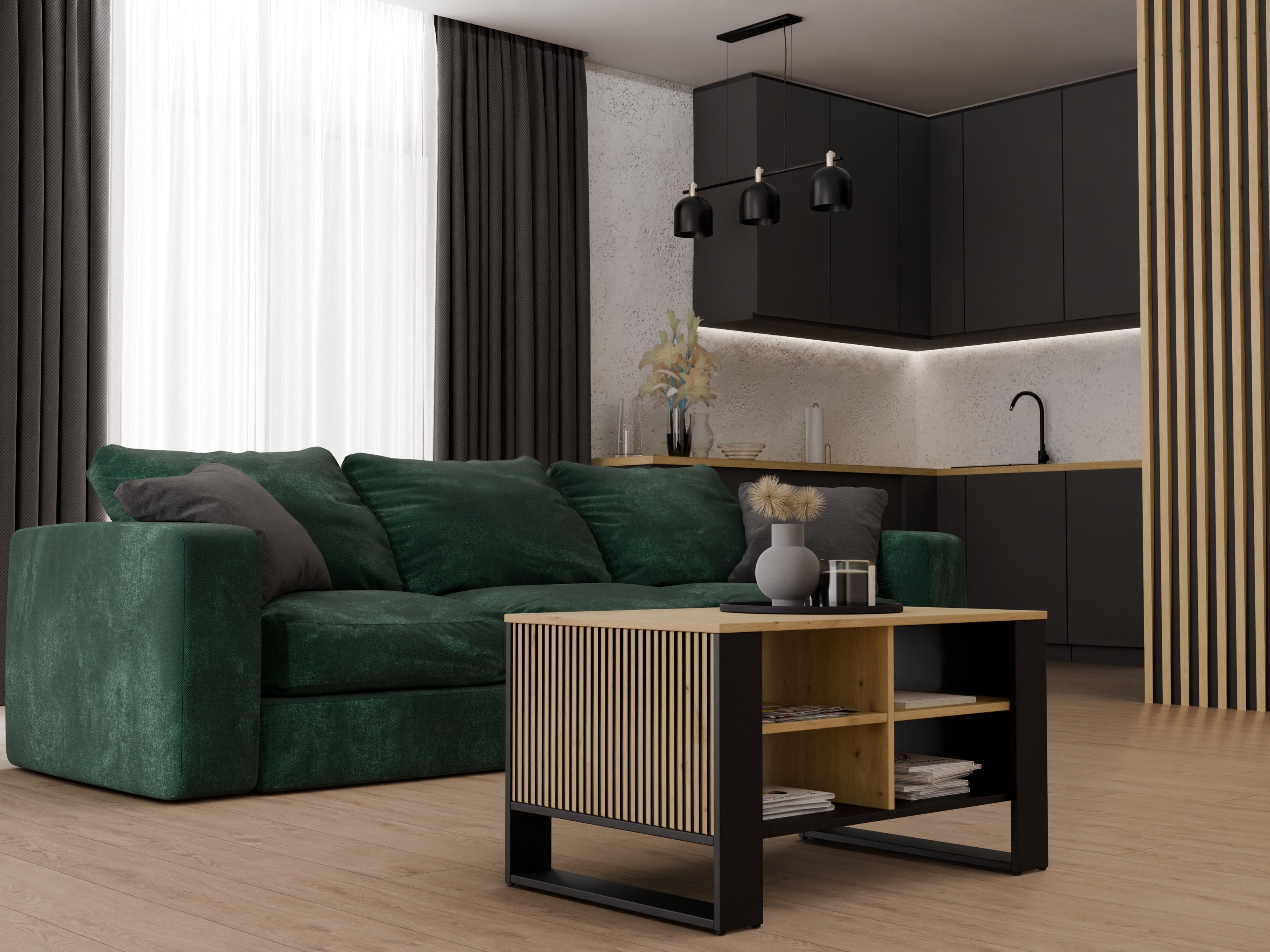 STOLIK KAWOWY ŁAWA MODERN 4P SLIM DĄB ARTISAN CZERŃ FREZY