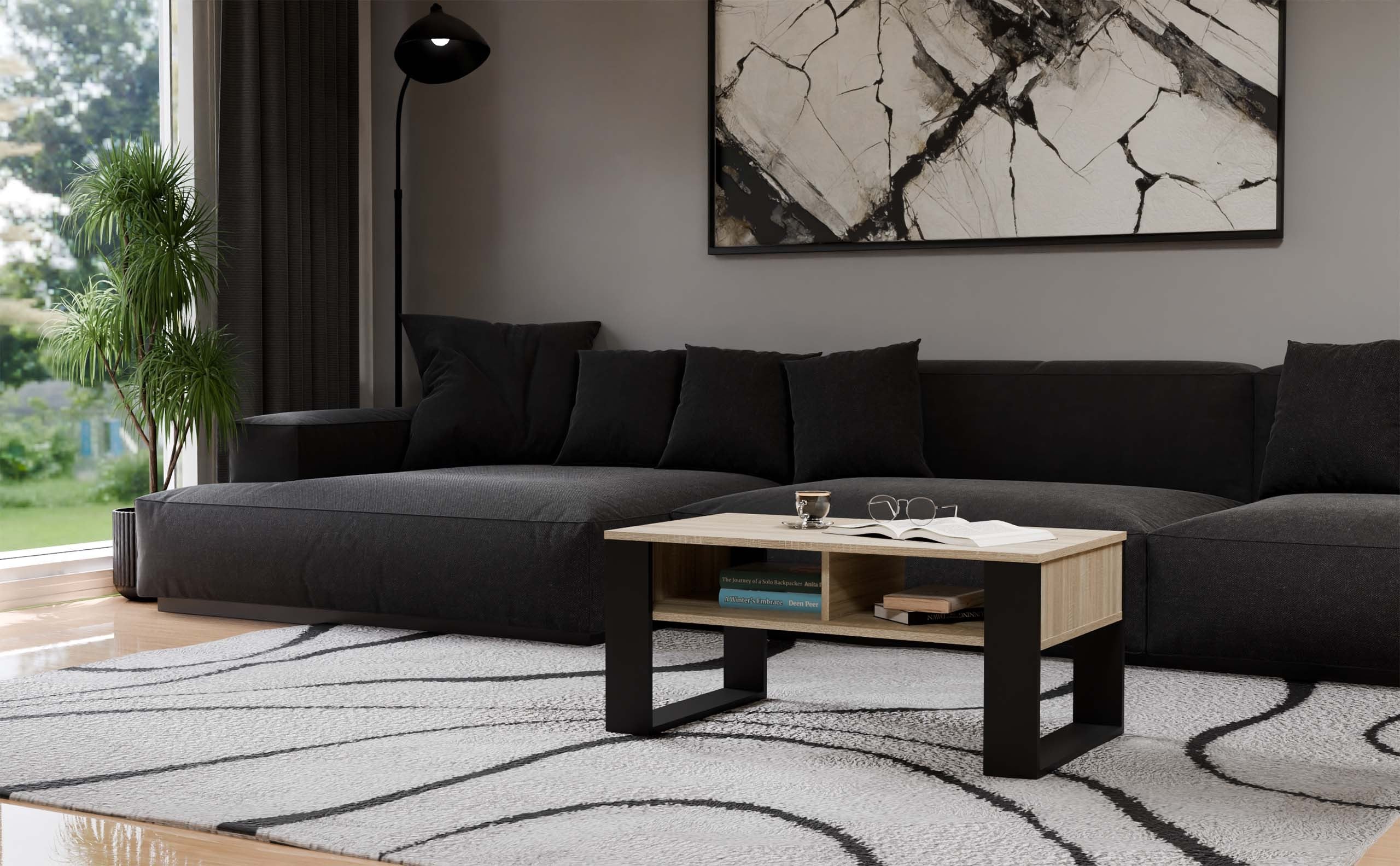 STOLIK KAWOWY ŁAWA MODERN 2P DĄB SONOMA CZERŃ