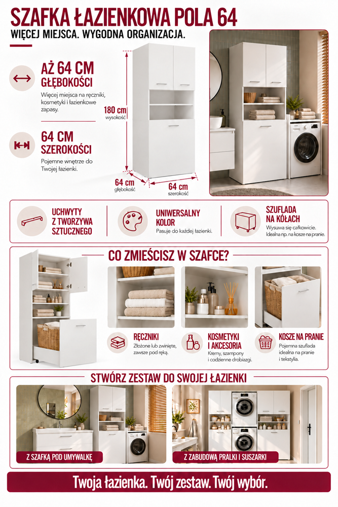 SZAFKA Łazienkowa Słupek POLA 64 BIAŁY Głęboka 64 Cm Szuflada na Kółkach