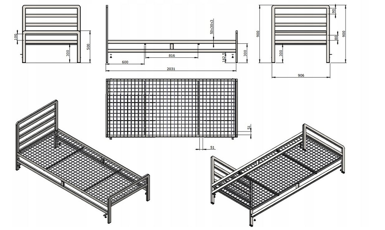 ŁÓŻKO 90x200 METALOWE - CZARNE