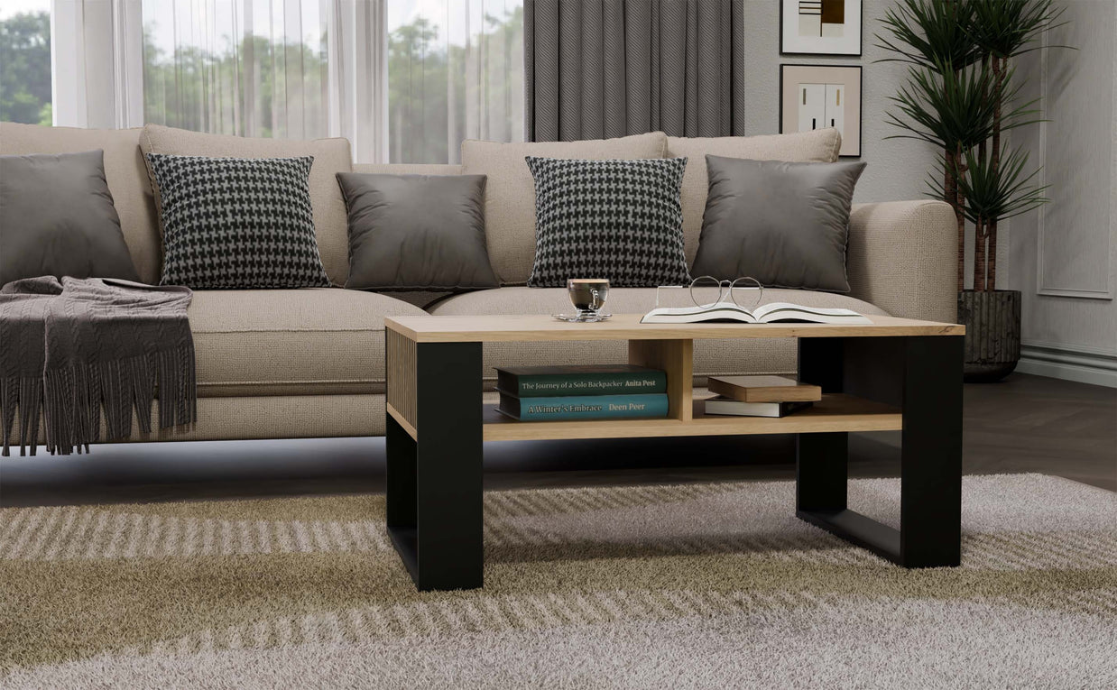 STOLIK KAWOWY ŁAWA MODERN 2P SLIM DĄB ARTISAN CZERŃ LAMELE