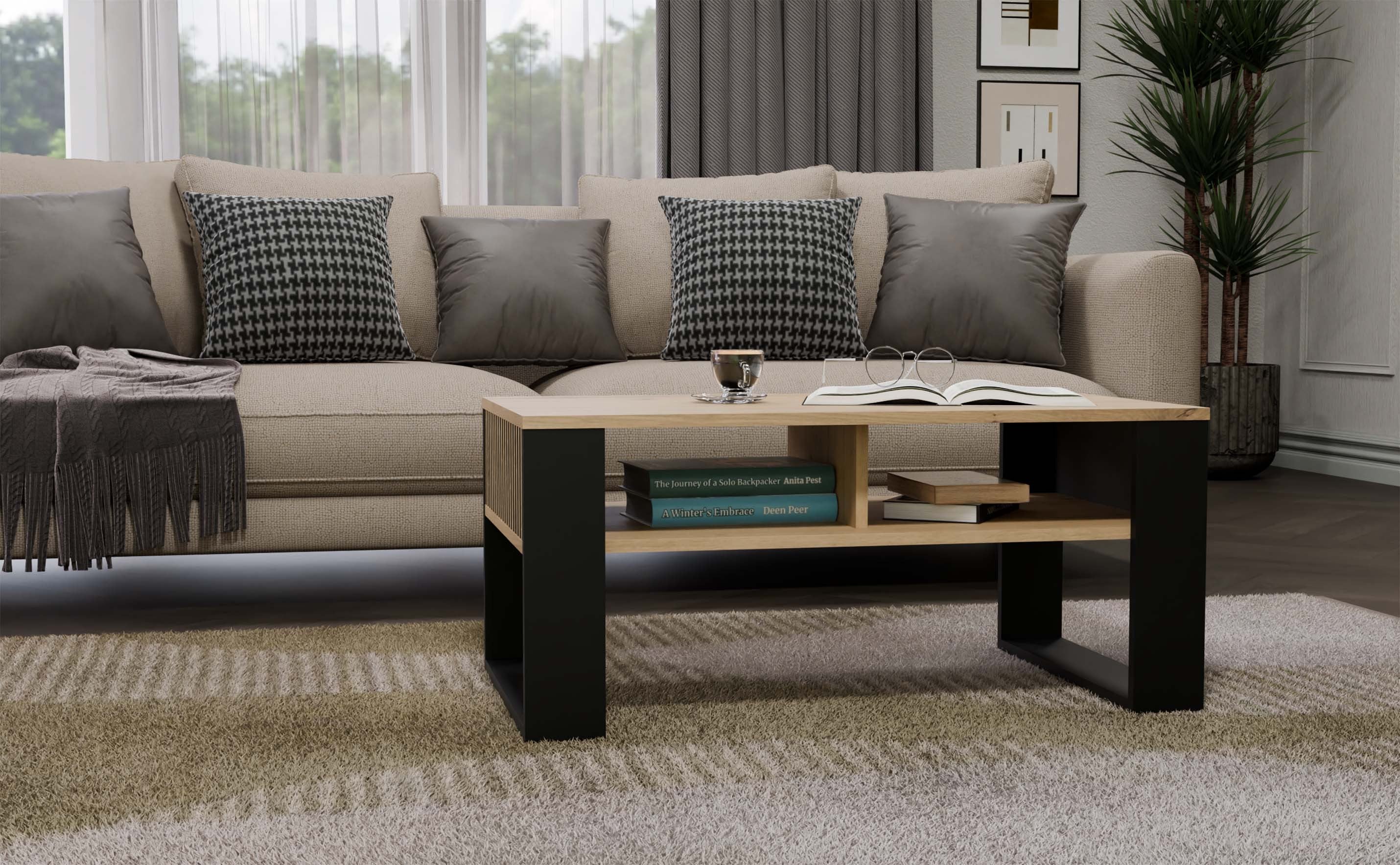 STOLIK KAWOWY ŁAWA MODERN 2P SLIM DĄB ARTISAN CZERŃ LAMELE