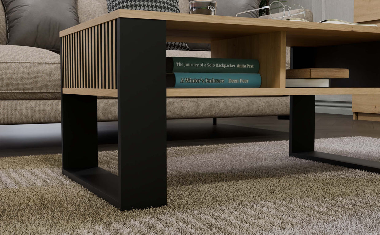 STOLIK KAWOWY ŁAWA MODERN 2P SLIM DĄB ARTISAN CZERŃ LAMELE