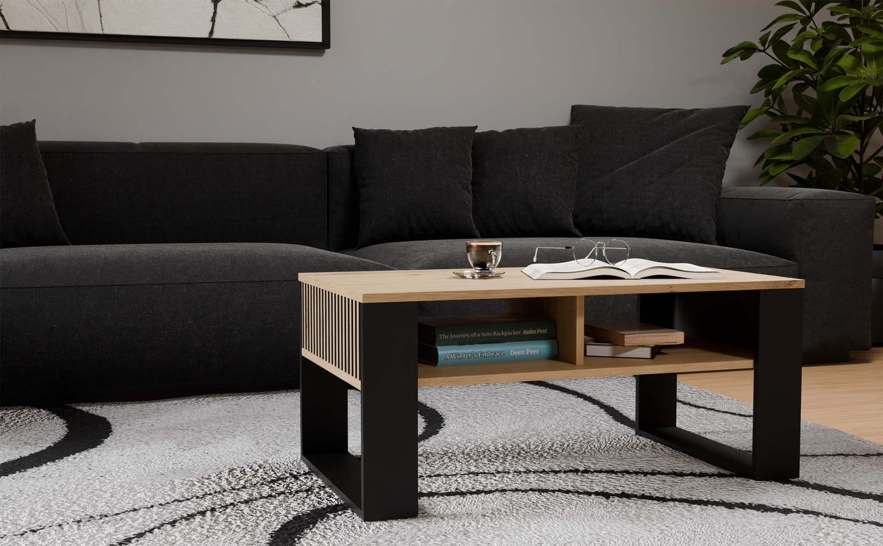 STOLIK KAWOWY ŁAWA MODERN 2P SLIM DĄB ARTISAN CZERŃ LAMELE