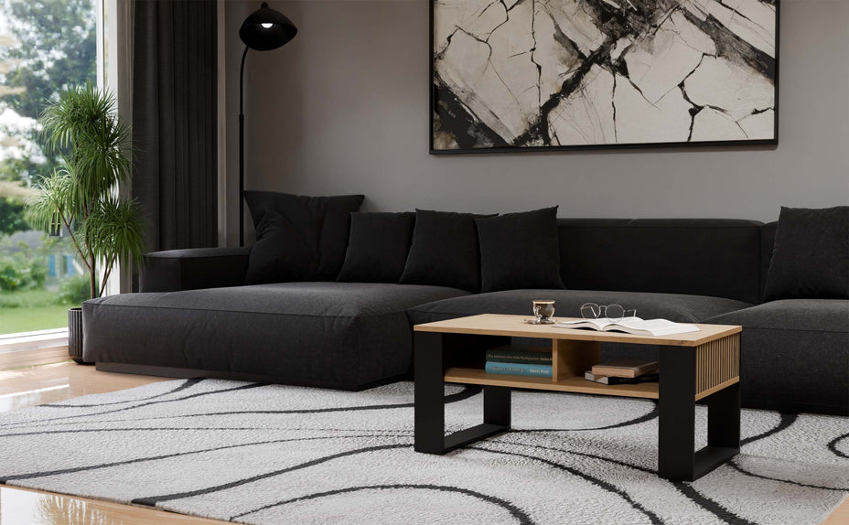 STOLIK KAWOWY ŁAWA MODERN 2P SLIM DĄB ARTISAN CZERŃ LAMELE