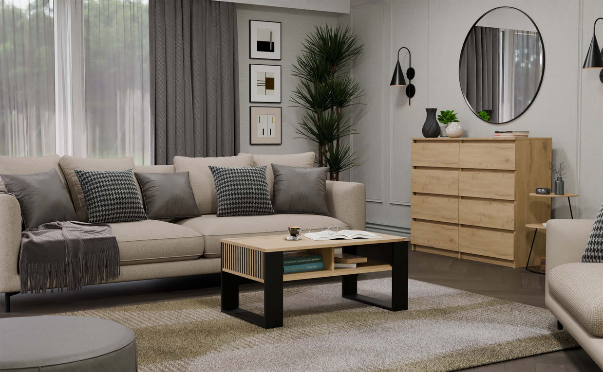 STOLIK KAWOWY ŁAWA MODERN 2P SLIM DĄB ARTISAN CZERŃ LAMELE