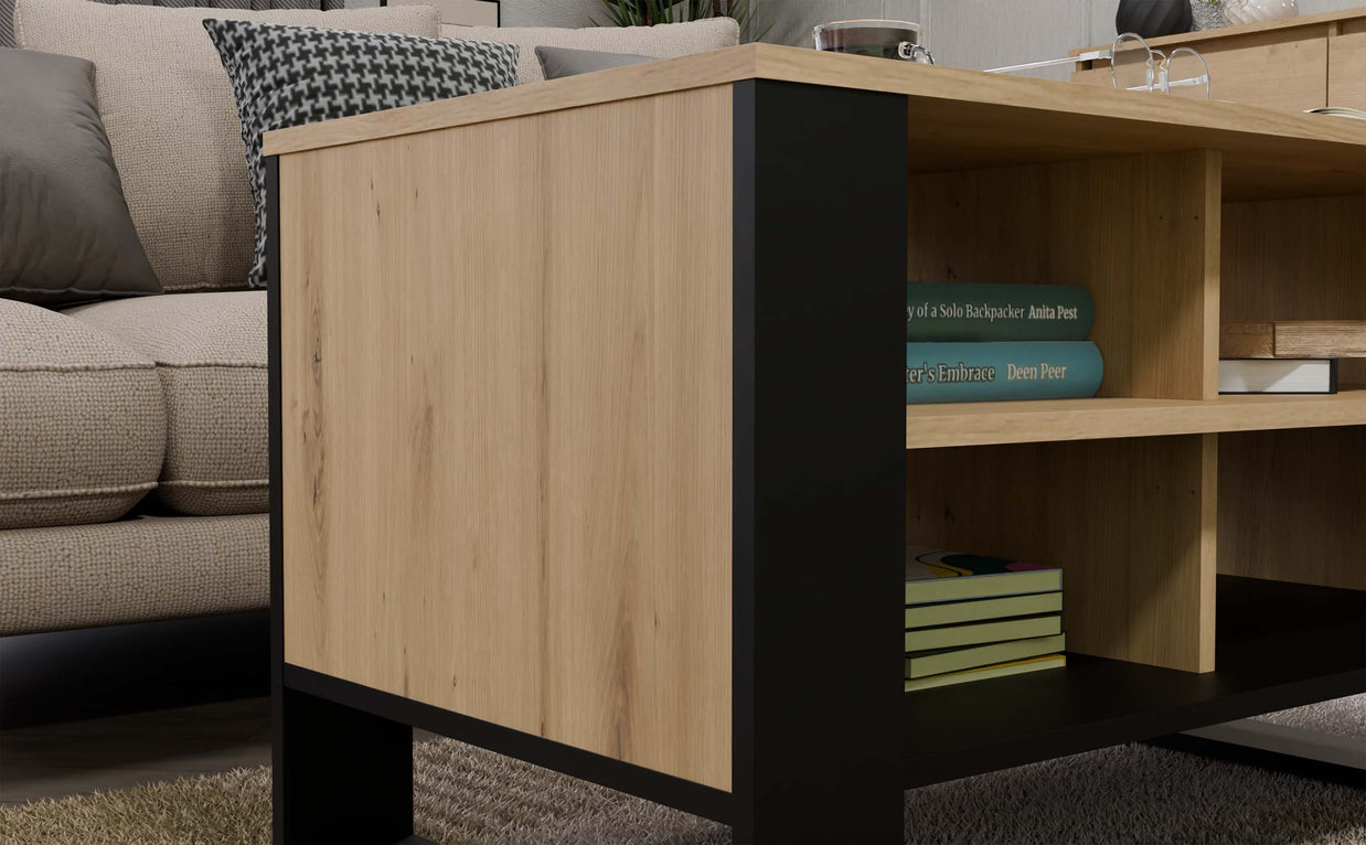 STOLIK KAWOWY ŁAWA MODERN 4P SLIM DĄB ARTISAN CZERŃ FREZY