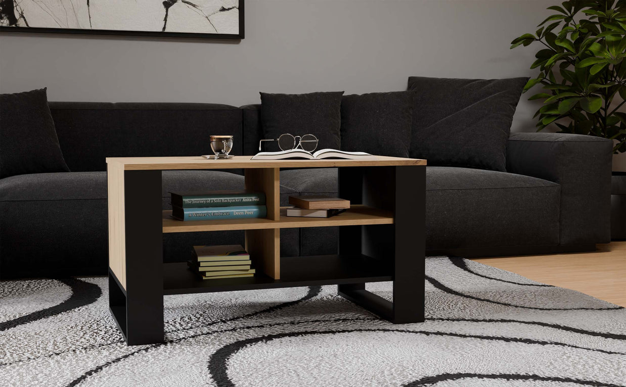 STOLIK KAWOWY ŁAWA MODERN 4P SLIM DĄB ARTISAN CZERŃ FREZY