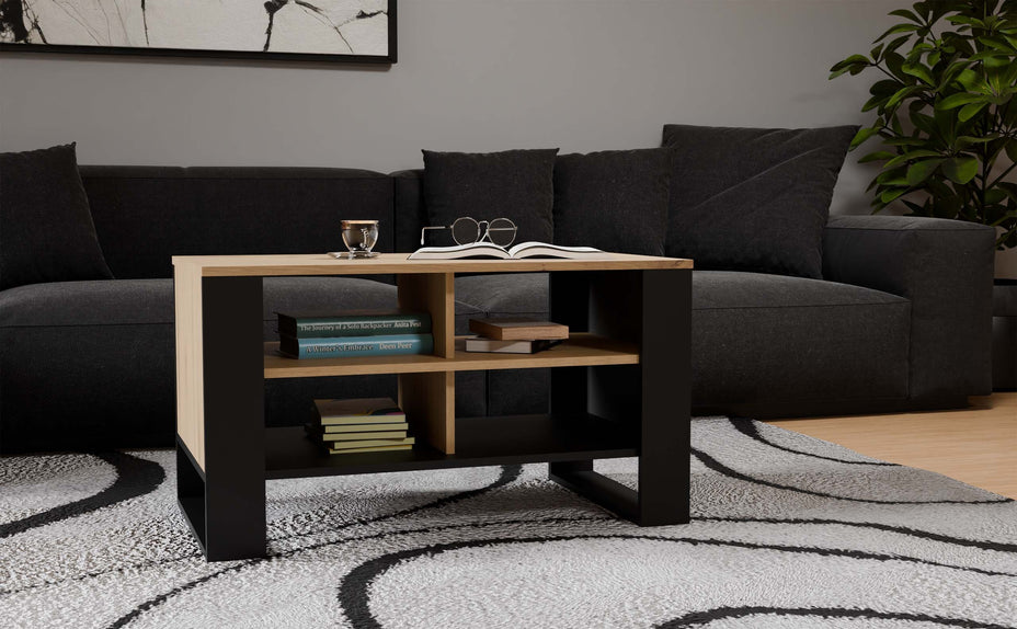 STOLIK KAWOWY ŁAWA MODERN 4P SLIM DĄB ARTISAN CZERŃ FREZY