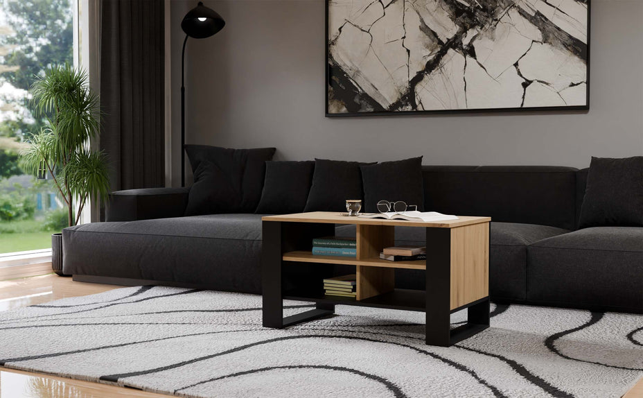 STOLIK KAWOWY ŁAWA MODERN 4P SLIM DĄB ARTISAN CZERŃ FREZY