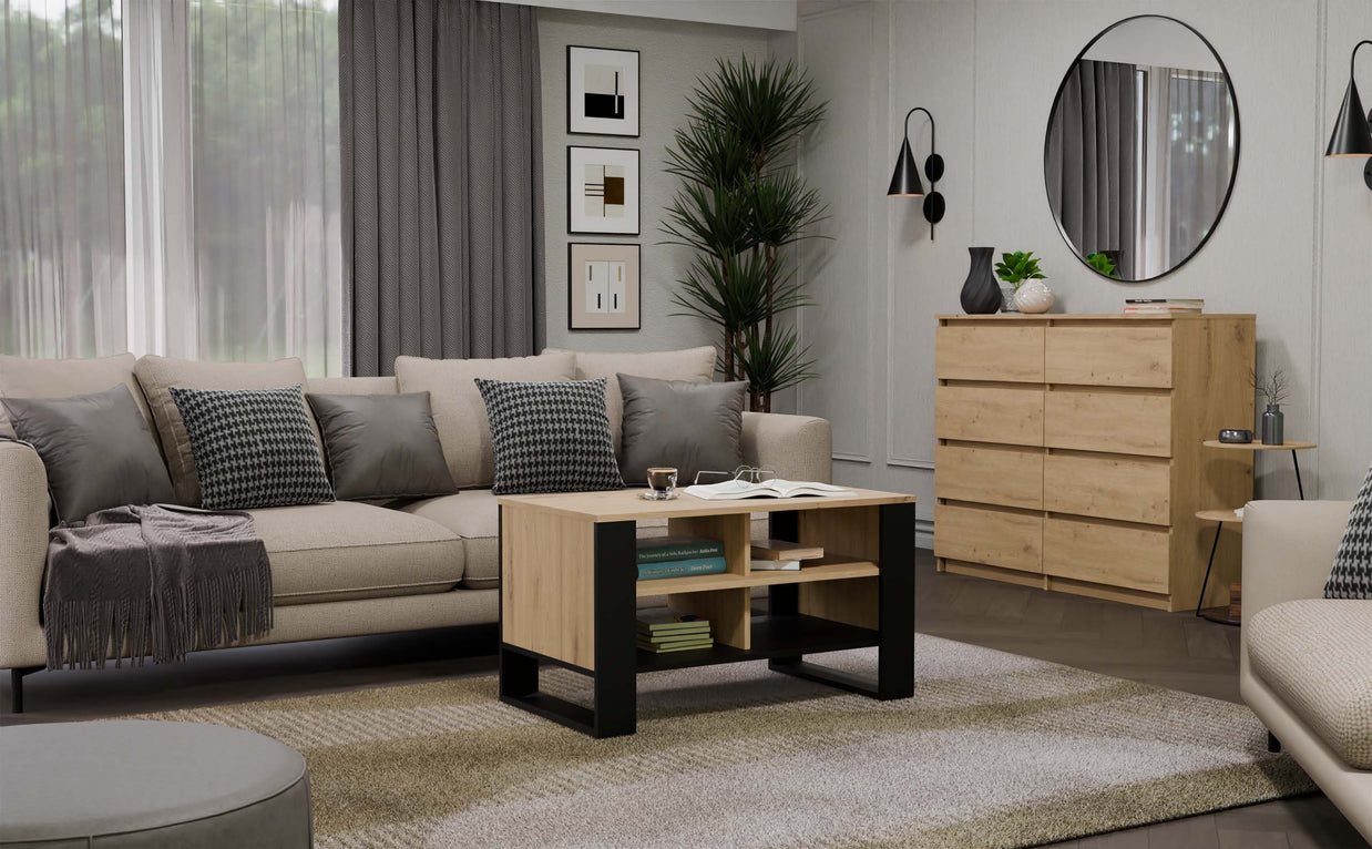 STOLIK KAWOWY ŁAWA MODERN 4P SLIM DĄB ARTISAN CZERŃ FREZY