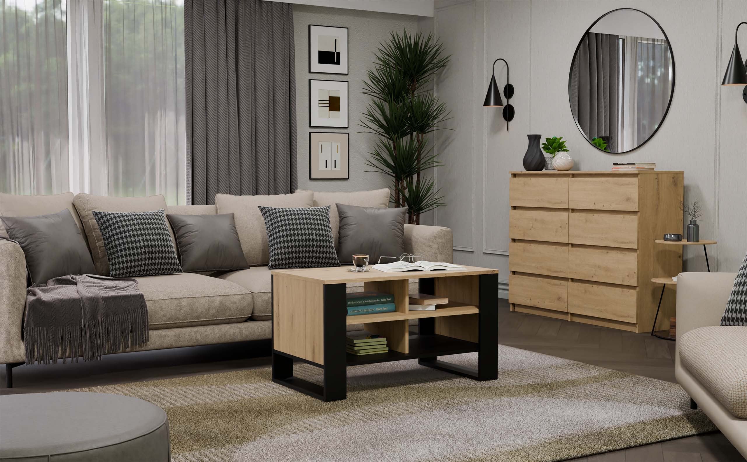 STOLIK KAWOWY ŁAWA MODERN 4P SLIM DĄB ARTISAN CZERŃ FREZY