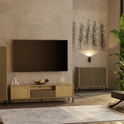 KOMODA KAMARO 2D SLIM DĄB ARTISAN LAMELE FRONT RYFLOWANY