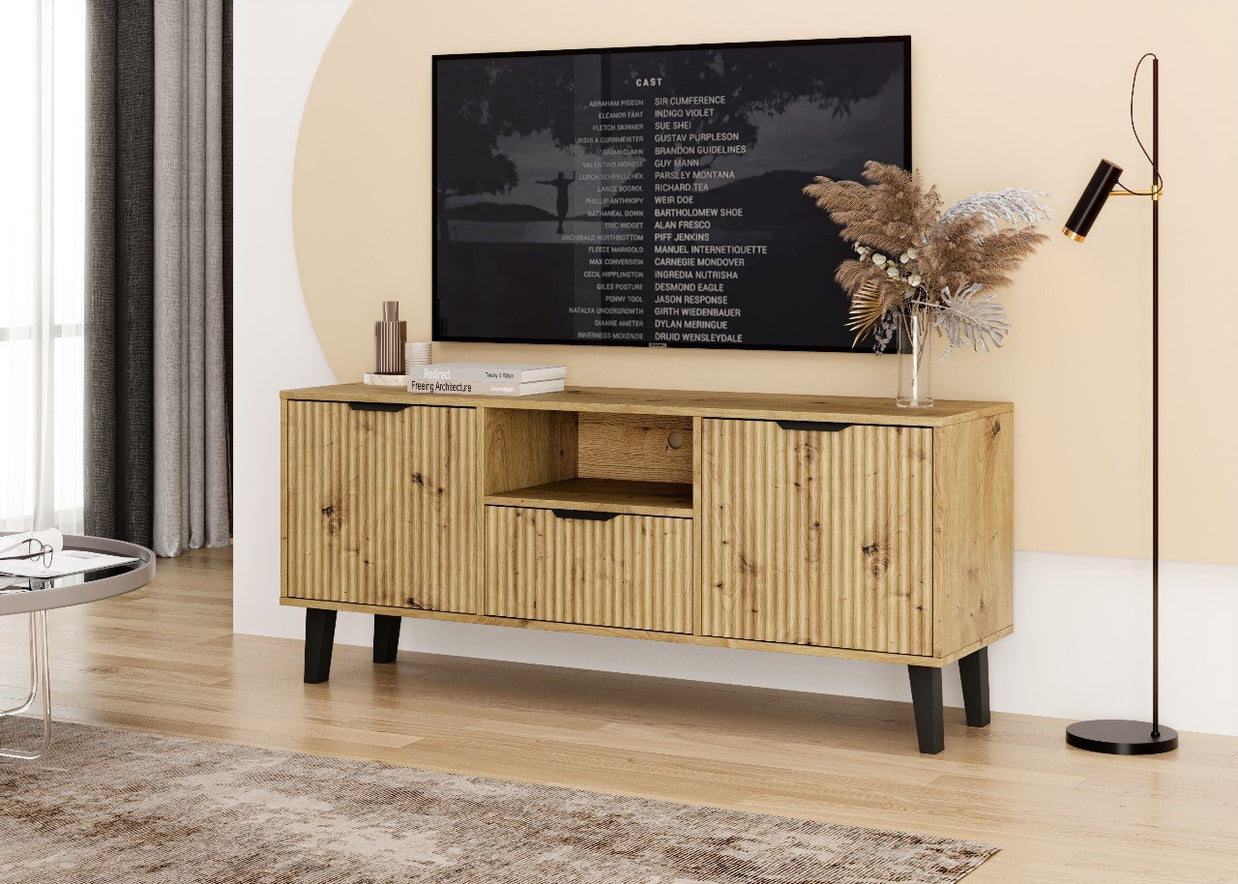 SZAFKA RTV SCANDI 2D1S SLIM RYFLOWANE FRONTY DĄB ARTISAN