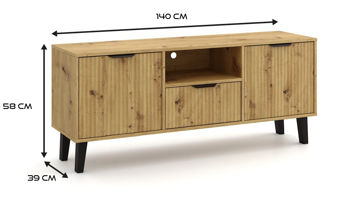 SZAFKA RTV SCANDI 2D1S SLIM RYFLOWANE FRONTY DĄB ARTISAN