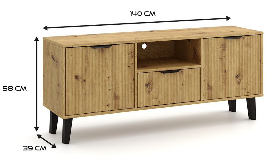 SZAFKA RTV SCANDI 2D1S SLIM RYFLOWANE FRONTY DĄB ARTISAN