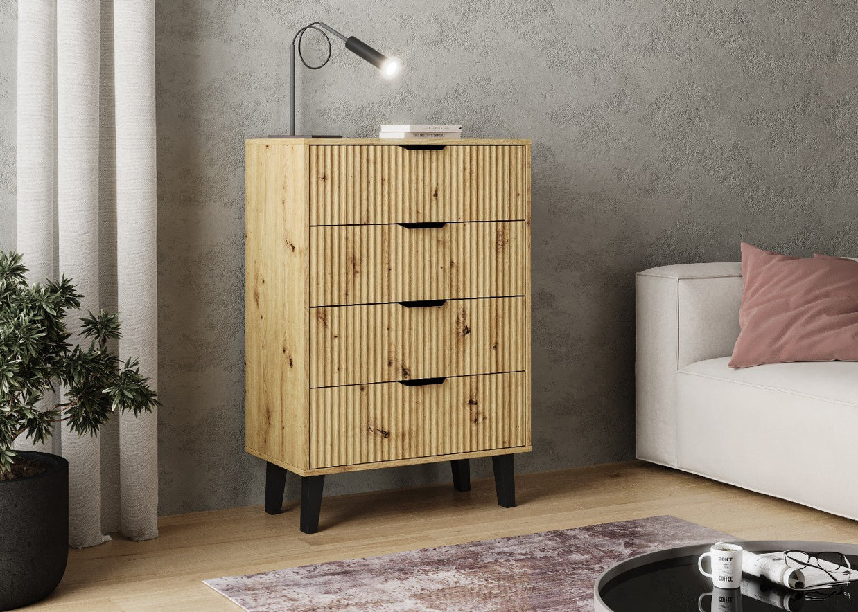 KOMODA SCANDI 4S SLIM 4 SZUFLADY RYFLOWANE FRONTY DĄB ARTISAN