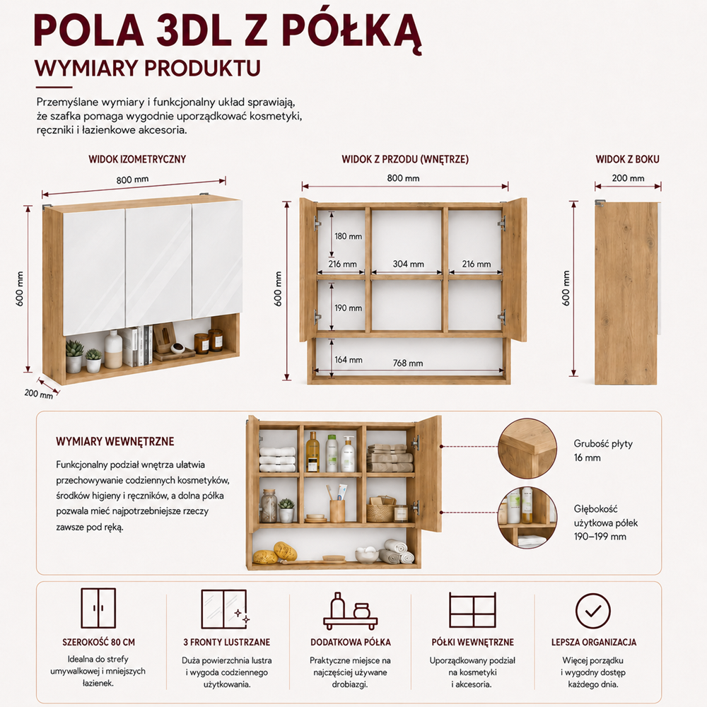 Szafka Łazienkowa Wisząca POLA 3DL/P DĄB ARTISAN 80 Cm 3 Lustra z Półką