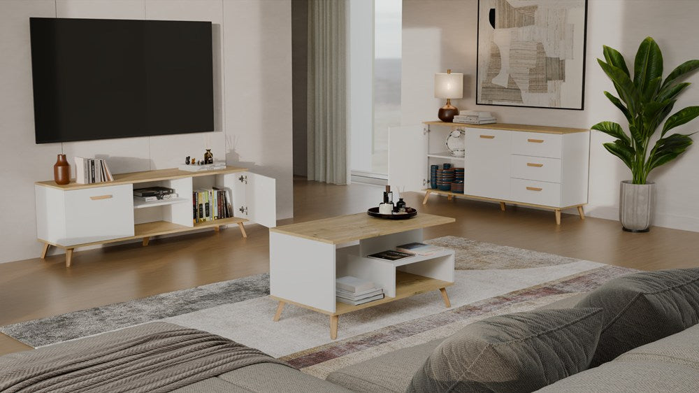 Komoda OLYMPO 2D3S BIAŁA DĄB ARTISAN Szafka 150 Cm 3 Szuflady 2 Drzwi
