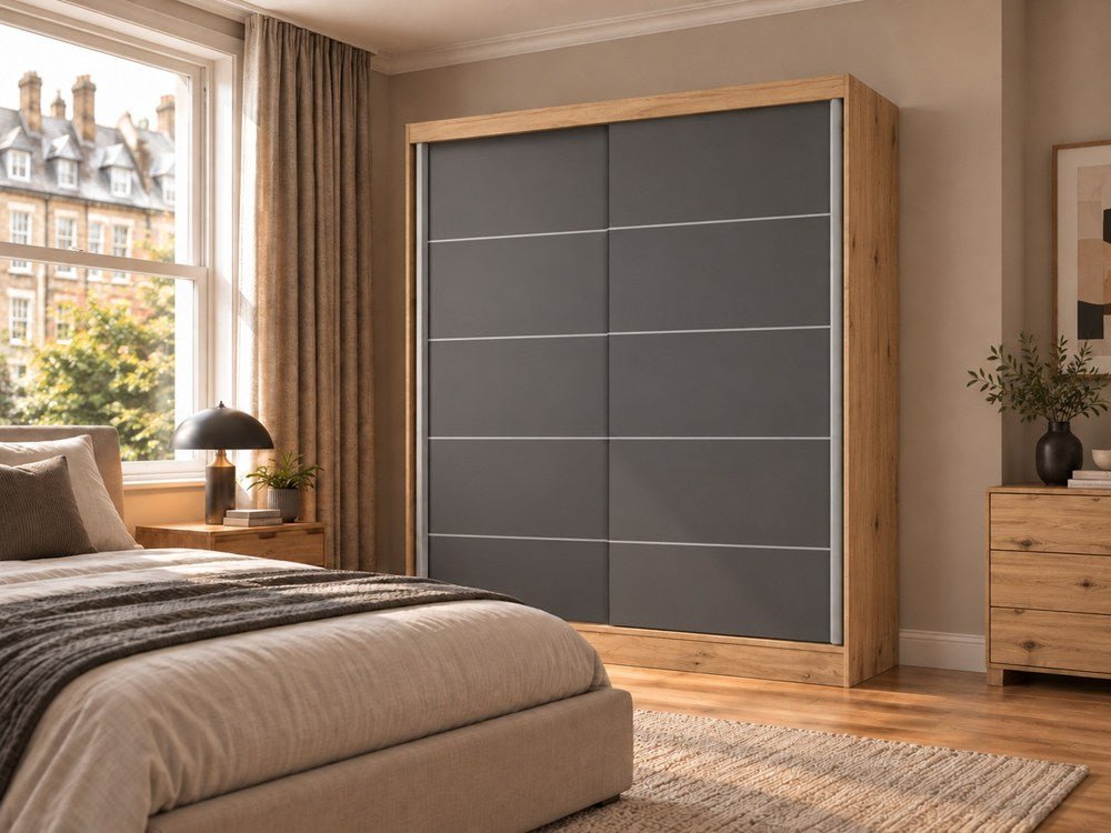 SZAFA Przesuwna IGA 160 CM Szprosy DĄB ARTISAN ANTRACYT Stylowa i Funkcjonalna