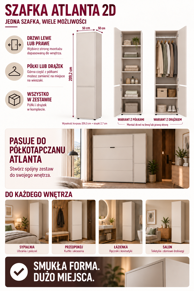 SZAFKA Wysoki Słupek ATLANTA 2D KASZMIR Drążek 2 Drzwi Półki Salon 209 Cm