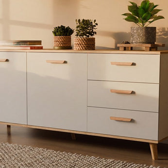 Komoda OLYMPO 2D3S BIAŁA DĄB ARTISAN Szafka 150 Cm 3 Szuflady 2 Drzwi