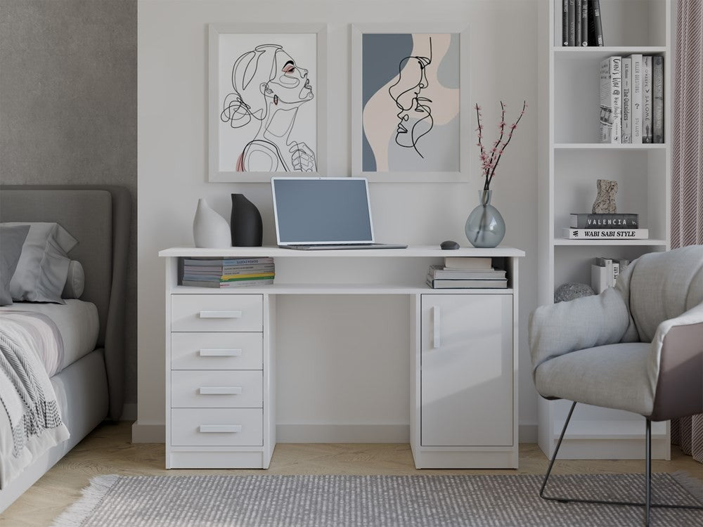 BIURKO ADA BIAŁE 125 Cm 4 Szuflady Szafka Półki Do Biura Pokoju Na Laptop