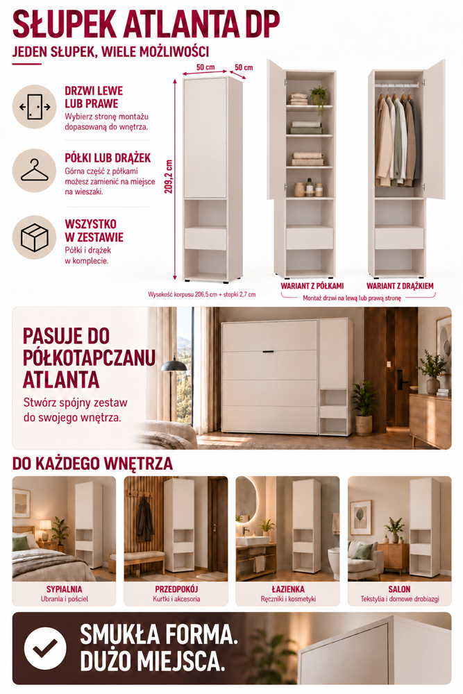SZAFKA Wysoki Słupek ATLANTA DP KASZMIR 1 Drzwi Szuflada Sypialnia 209 Cm