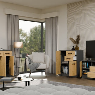 Komoda SIMPLO 2D2S Szafka 2 Szuflady 2 Drzwi Do Salonu ANTRACYT DĄB ARTISAN