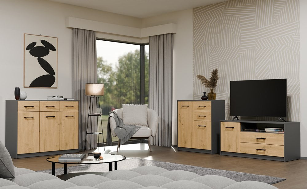 Komoda SIMPLO 2D2S Szafka 2 Szuflady 2 Drzwi Do Salonu ANTRACYT DĄB ARTISAN