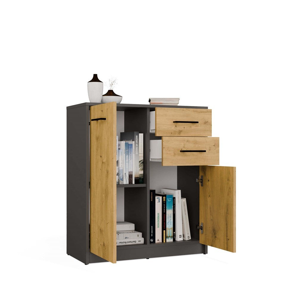 Komoda SIMPLO 2D2S Szafka 2 Szuflady 2 Drzwi Do Salonu ANTRACYT DĄB ARTISAN