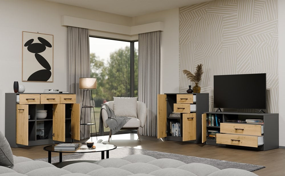 Komoda SIMPLO 3D3S Szafka 3 Szuflady 3 Drzwi ANTRACYT DĄB ARTISAN